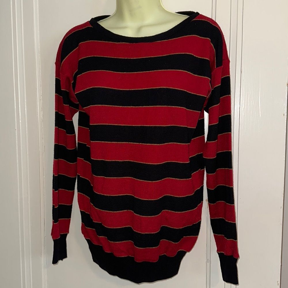 Vintage 70s Overture red, black & gold striped acrylic/wool‎ sweater